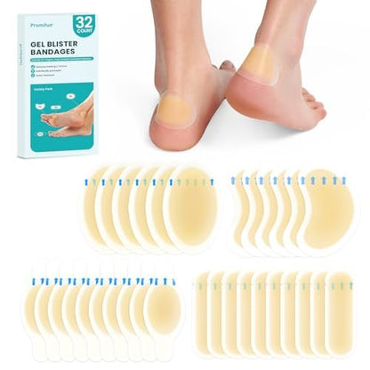 Hydrokolloid-Gel Blasenpflaster - Sortiertes Set (32 Stück) von Promifun - Wasserdichte Blasenpflaster für Ferse, Fuß, Zehen - Gel-Polster zur Vorbeugung und Heilung