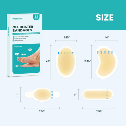 Hydrokolloid-Gel Blasenpflaster - Sortiertes Set (32 Stück) von Promifun - Wasserdichte Blasenpflaster für Ferse, Fuß, Zehen - Gel-Polster zur Vorbeugung und Heilung