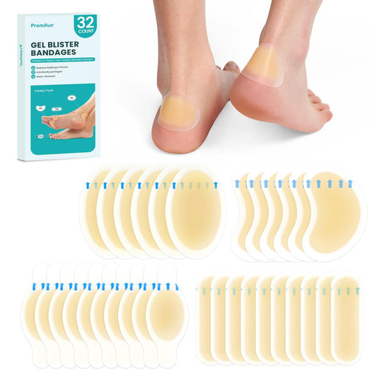 Hydrokolloid-Gel Blasenpflaster - Sortiertes Set (32 Stück) von Promifun - Wasserdichte Blasenpflaster für Ferse, Fuß, Zehen - Gel-Polster zur Vorbeugung und Heilung