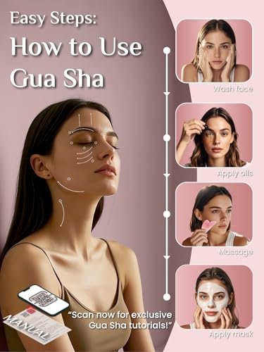Rena Chris Gua Sha Gesichtswerkzeug aus Rosenquarz – Guasha Massagegerät für Gesichtsformung und Schwellungsreduktion mit Silikonhülle (Rosarot)