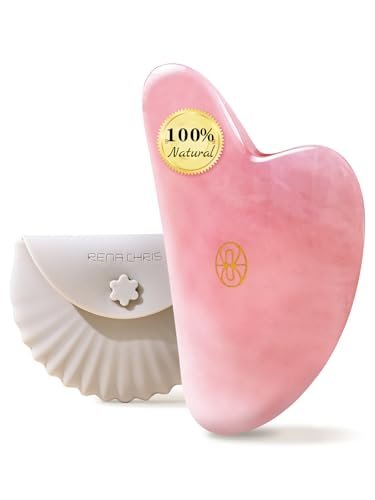Rena Chris Gua Sha Gesichtswerkzeug aus Rosenquarz – Guasha Massagegerät für Gesichtsformung und Schwellungsreduktion mit Silikonhülle (Rosarot)