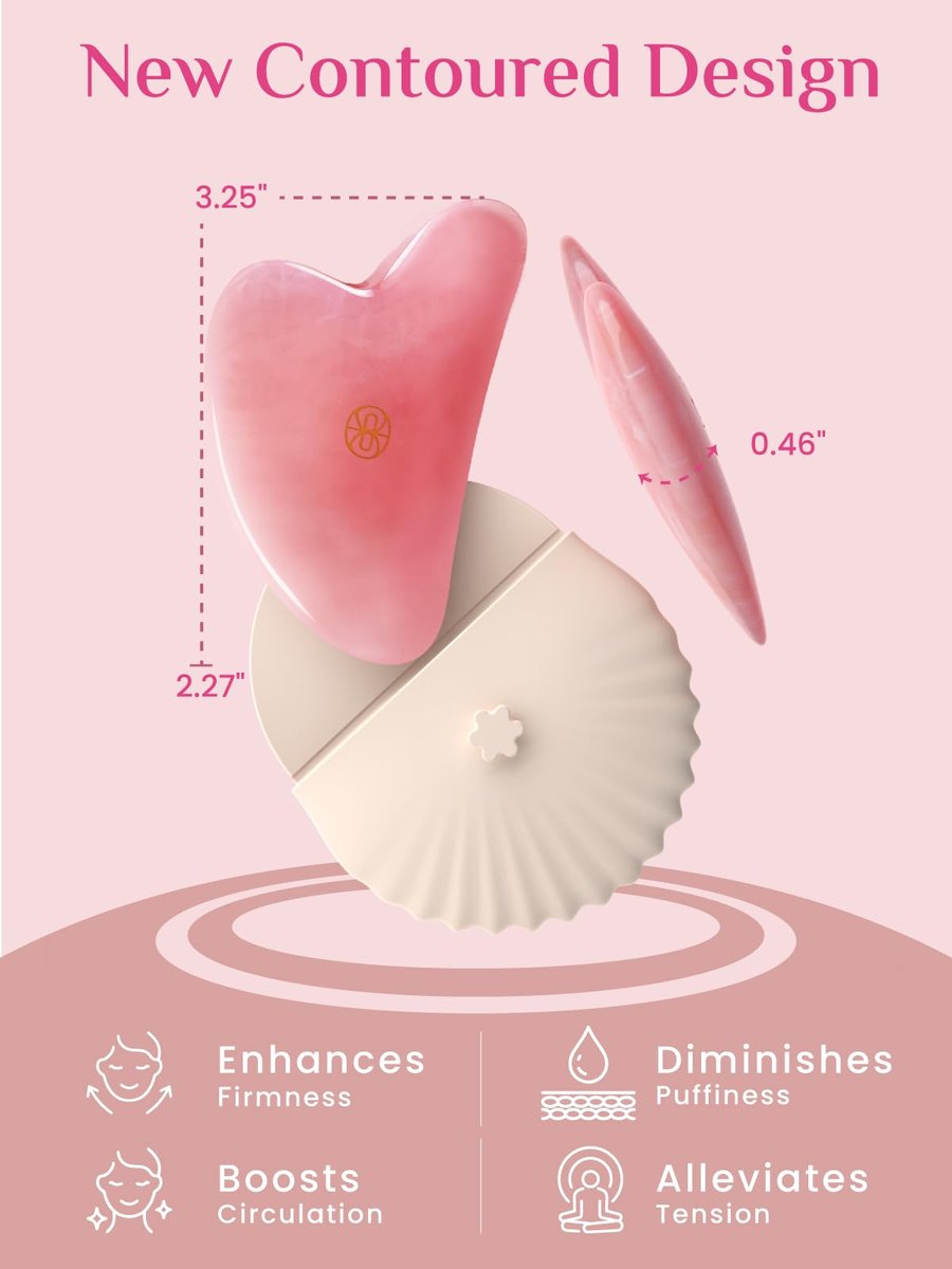 Rena Chris Gua Sha Gesichtswerkzeug aus Rosenquarz – Guasha Massagegerät für Gesichtsformung und Schwellungsreduktion mit Silikonhülle (Rosarot)