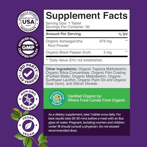 Hochdosiertes Bio-Ashwagandha – Organische Tabletten für Stimmungsunterstützung & Hormonbalance für Frauen & Männer – Wurzelextrakt-Pulver mit Schwarzem Pfeffer für bessere Absorption – 30 Stück