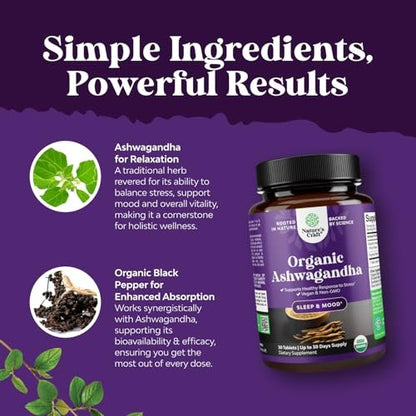 Hochdosiertes Bio-Ashwagandha – Organische Tabletten für Stimmungsunterstützung & Hormonbalance für Frauen & Männer – Wurzelextrakt-Pulver mit Schwarzem Pfeffer für bessere Absorption – 30 Stück