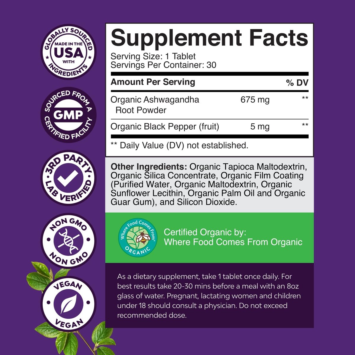 Hochdosiertes Bio-Ashwagandha – Organische Tabletten für Stimmungsunterstützung & Hormonbalance für Frauen & Männer – Wurzelextrakt-Pulver mit Schwarzem Pfeffer für bessere Absorption – 30 Stück