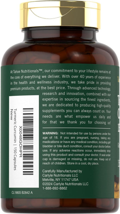 Tahoe Nutritionals Kurkuma Curcumin Komplex | 150 Kapseln | Mit Schwarzem Pfeffer | Non-GMO & Glutenfrei