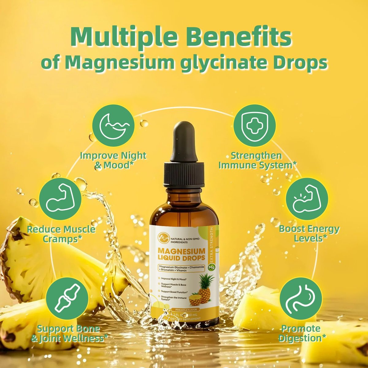 M inch Magnesiumglycinat flüssig, hochabsorbierende Magnesium-Liquid-Tropfen mit Kamille, Weißdorn, Ingwerextrakt & Vitamin B6, B9, B12, C, D3, Magnesiumergänzung, Ananasgeschmack, 2er-Pack