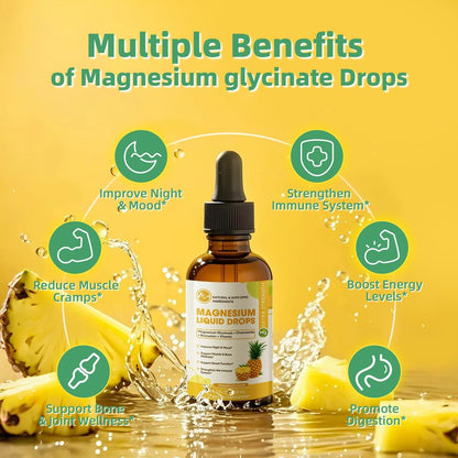M inch Magnesiumglycinat flüssig, hochabsorbierende Magnesium-Liquid-Tropfen mit Kamille, Weißdorn, Ingwerextrakt & Vitamin B6, B9, B12, C, D3, Magnesiumergänzung, Ananasgeschmack, 2er-Pack