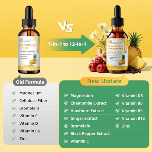 M inch Magnesiumglycinat flüssig, hochabsorbierende Magnesium-Liquid-Tropfen mit Kamille, Weißdorn, Ingwerextrakt & Vitamin B6, B9, B12, C, D3, Magnesiumergänzung, Ananasgeschmack, 2er-Pack