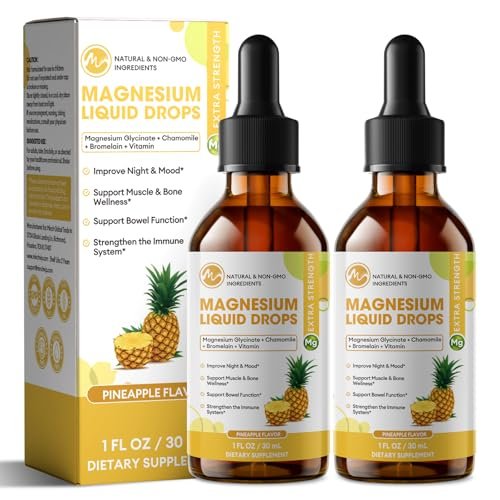 M inch Magnesiumglycinat flüssig, hochabsorbierende Magnesium-Liquid-Tropfen mit Kamille, Weißdorn, Ingwerextrakt & Vitamin B6, B9, B12, C, D3, Magnesiumergänzung, Ananasgeschmack, 2er-Pack