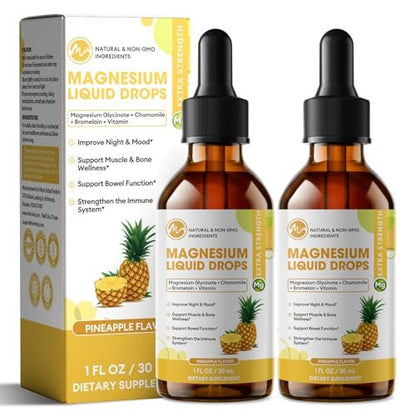 M inch Magnesiumglycinat flüssig, hochabsorbierende Magnesium-Liquid-Tropfen mit Kamille, Weißdorn, Ingwerextrakt & Vitamin B6, B9, B12, C, D3, Magnesiumergänzung, Ananasgeschmack, 2er-Pack