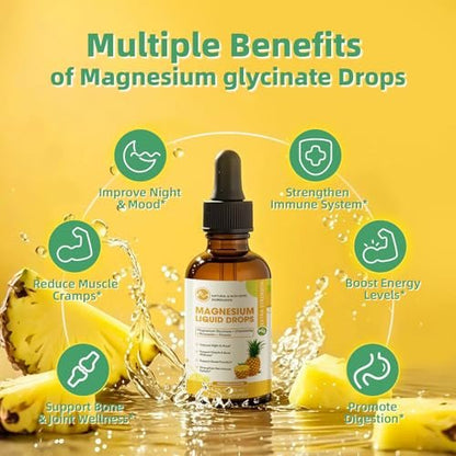 M inch Magnesiumglycinat flüssig, hochabsorbierende Magnesium-Liquid-Tropfen mit Kamille, Weißdorn, Ingwerextrakt & Vitamin B6, B9, B12, C, D3, Magnesiumergänzung, Ananasgeschmack, 2er-Pack