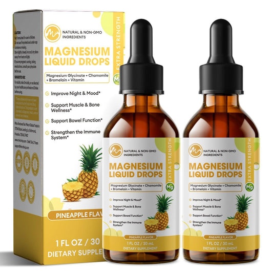 M inch Magnesiumglycinat flüssig, hochabsorbierende Magnesium-Liquid-Tropfen mit Kamille, Weißdorn, Ingwerextrakt & Vitamin B6, B9, B12, C, D3, Magnesiumergänzung, Ananasgeschmack, 2er-Pack