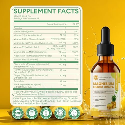 M inch Magnesiumglycinat flüssig, hochabsorbierende Magnesium-Liquid-Tropfen mit Kamille, Weißdorn, Ingwerextrakt & Vitamin B6, B9, B12, C, D3, Magnesiumergänzung, Ananasgeschmack, 2er-Pack