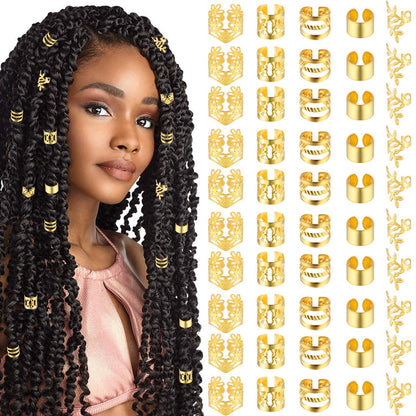 Tyqour 50er Pack Gold Haarschmuck für Braids, Dreadlocks & Zöpfe – Verstellbare Haarringe, Haar Manschetten, Haar Charms, Perlen für Männer & Frauen