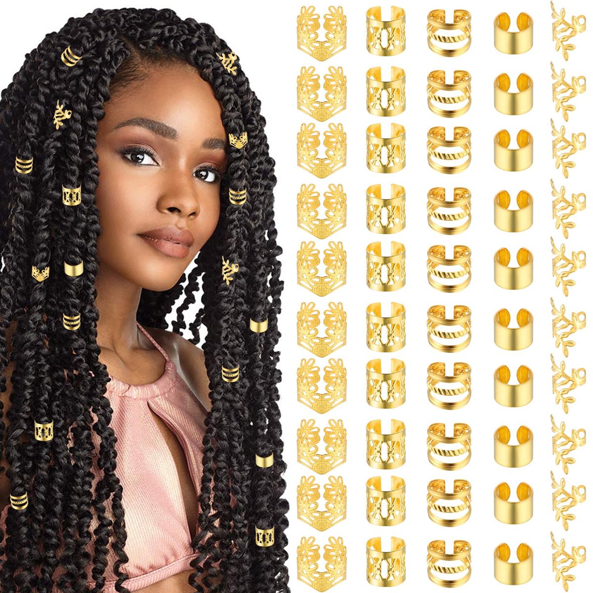 Tyqour 50er Pack Gold Haarschmuck für Braids, Dreadlocks & Zöpfe – Verstellbare Haarringe, Haar Manschetten, Haar Charms, Perlen für Männer & Frauen