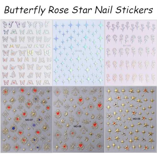 6 Blätter 3D selbstklebende holografische Rosen-Schmetterling-Nagelaufkleber - Gold Sonne Mond Sterne Laser-Dekorationen für Frauen Nageldesign