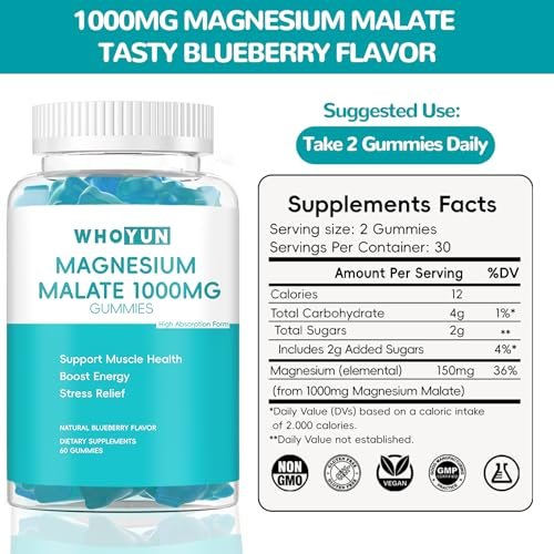 Whoyun Magnesium Malate Gummies 1000mg – Hochdosierte Magnesium-Chewables mit Apfelsäure für Energie & Muskelgesundheit, 60 Stück