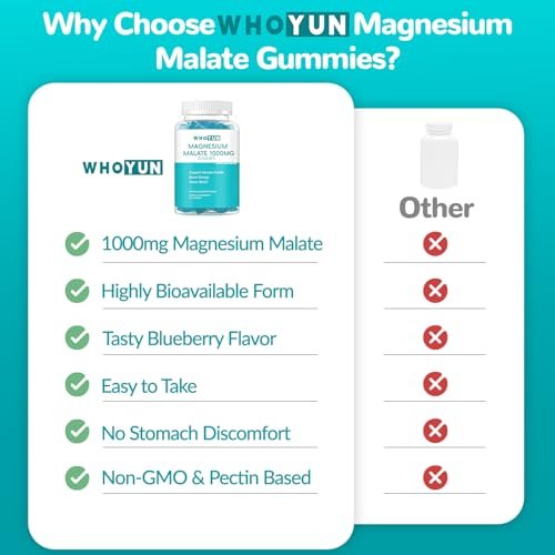 Whoyun Magnesium Malate Gummies 1000mg – Hochdosierte Magnesium-Chewables mit Apfelsäure für Energie & Muskelgesundheit, 60 Stück