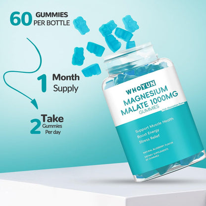 Whoyun Magnesium Malate Gummies 1000mg – Hochdosierte Magnesium-Chewables mit Apfelsäure für Energie & Muskelgesundheit, 60 Stück