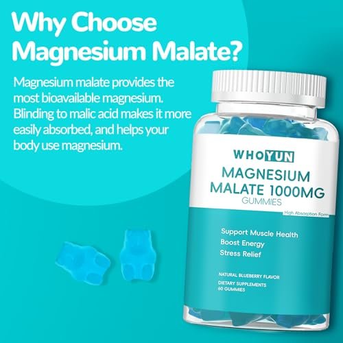 Whoyun Magnesium Malate Gummies 1000mg – Hochdosierte Magnesium-Chewables mit Apfelsäure für Energie & Muskelgesundheit, 60 Stück