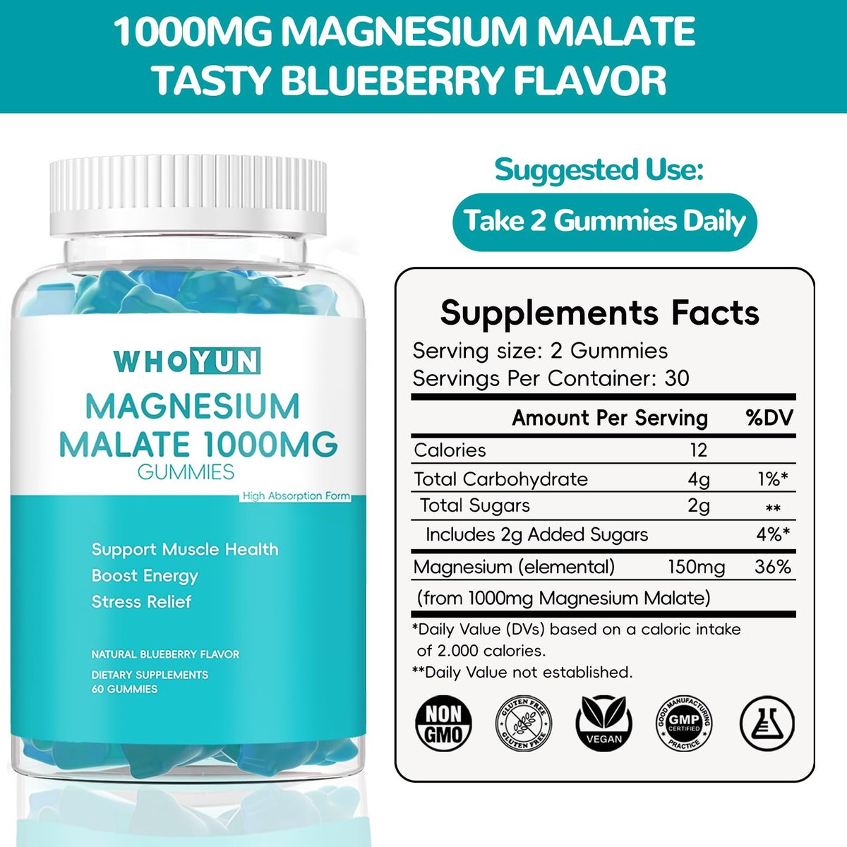 Whoyun Magnesium Malate Gummies 1000mg – Hochdosierte Magnesium-Chewables mit Apfelsäure für Energie & Muskelgesundheit, 60 Stück