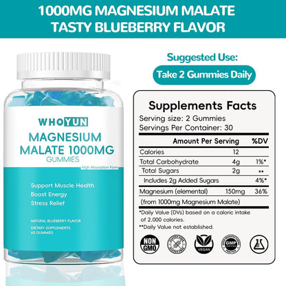 Whoyun Magnesium Malate Gummies 1000mg – Hochdosierte Magnesium-Chewables mit Apfelsäure für Energie & Muskelgesundheit, 60 Stück