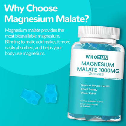 Whoyun Magnesium Malate Gummies 1000mg – Hochdosierte Magnesium-Chewables mit Apfelsäure für Energie & Muskelgesundheit, 60 Stück