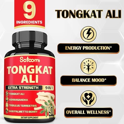 Satoomi 9in1 Tongkat Ali Wurzelextrakt – Ashwagandha, Tribulus Terrestris – 90 Kapseln für 3 Monate – Unterstützt Kraft, Energie und gesundes Immunsystem