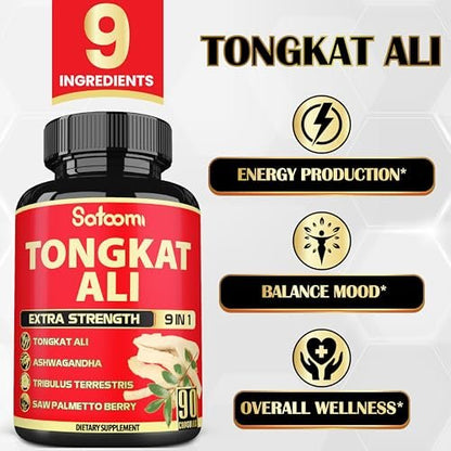 Satoomi 9in1 Tongkat Ali Wurzelextrakt – Ashwagandha, Tribulus Terrestris – 90 Kapseln für 3 Monate – Unterstützt Kraft, Energie und gesundes Immunsystem