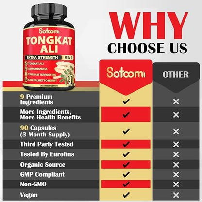 Satoomi 9in1 Tongkat Ali Wurzelextrakt – Ashwagandha, Tribulus Terrestris – 90 Kapseln für 3 Monate – Unterstützt Kraft, Energie und gesundes Immunsystem