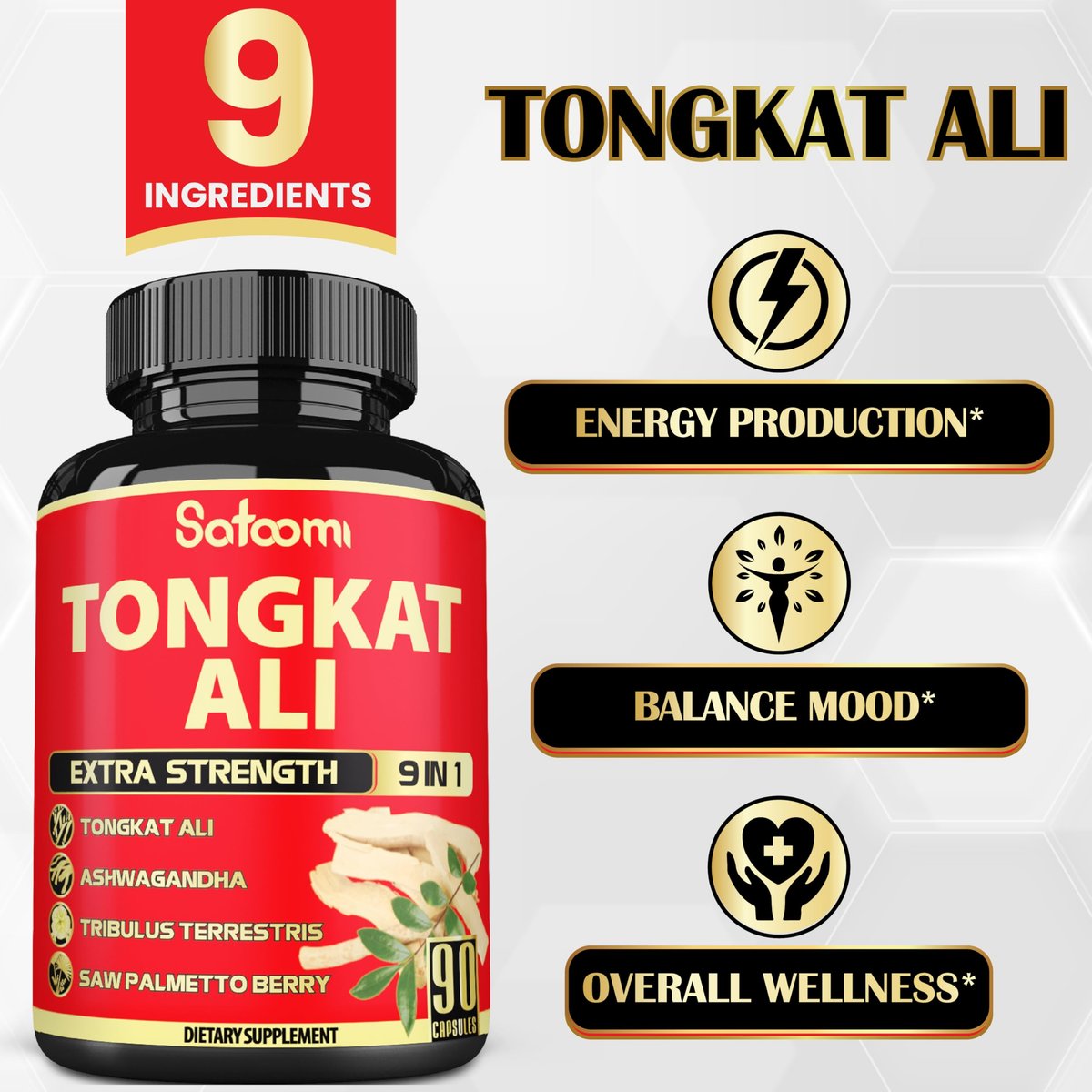 Satoomi 9in1 Tongkat Ali Wurzelextrakt – Ashwagandha, Tribulus Terrestris – 90 Kapseln für 3 Monate – Unterstützt Kraft, Energie und gesundes Immunsystem