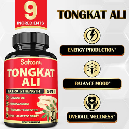 Satoomi 9in1 Tongkat Ali Wurzelextrakt – Ashwagandha, Tribulus Terrestris – 90 Kapseln für 3 Monate – Unterstützt Kraft, Energie und gesundes Immunsystem