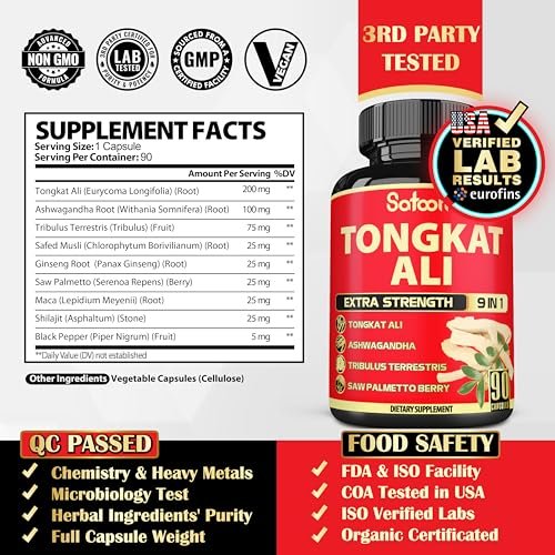 Satoomi 9in1 Tongkat Ali Wurzelextrakt – Ashwagandha, Tribulus Terrestris – 90 Kapseln für 3 Monate – Unterstützt Kraft, Energie und gesundes Immunsystem