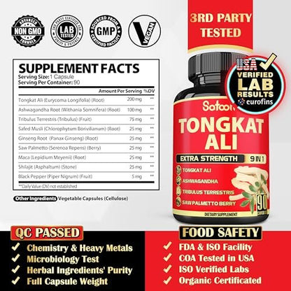 Satoomi 9in1 Tongkat Ali Wurzelextrakt – Ashwagandha, Tribulus Terrestris – 90 Kapseln für 3 Monate – Unterstützt Kraft, Energie und gesundes Immunsystem