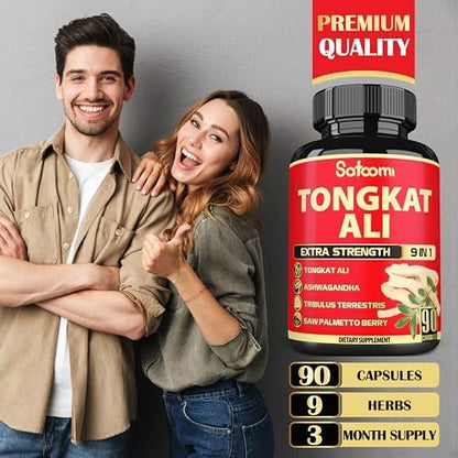 Satoomi 9in1 Tongkat Ali Wurzelextrakt – Ashwagandha, Tribulus Terrestris – 90 Kapseln für 3 Monate – Unterstützt Kraft, Energie und gesundes Immunsystem