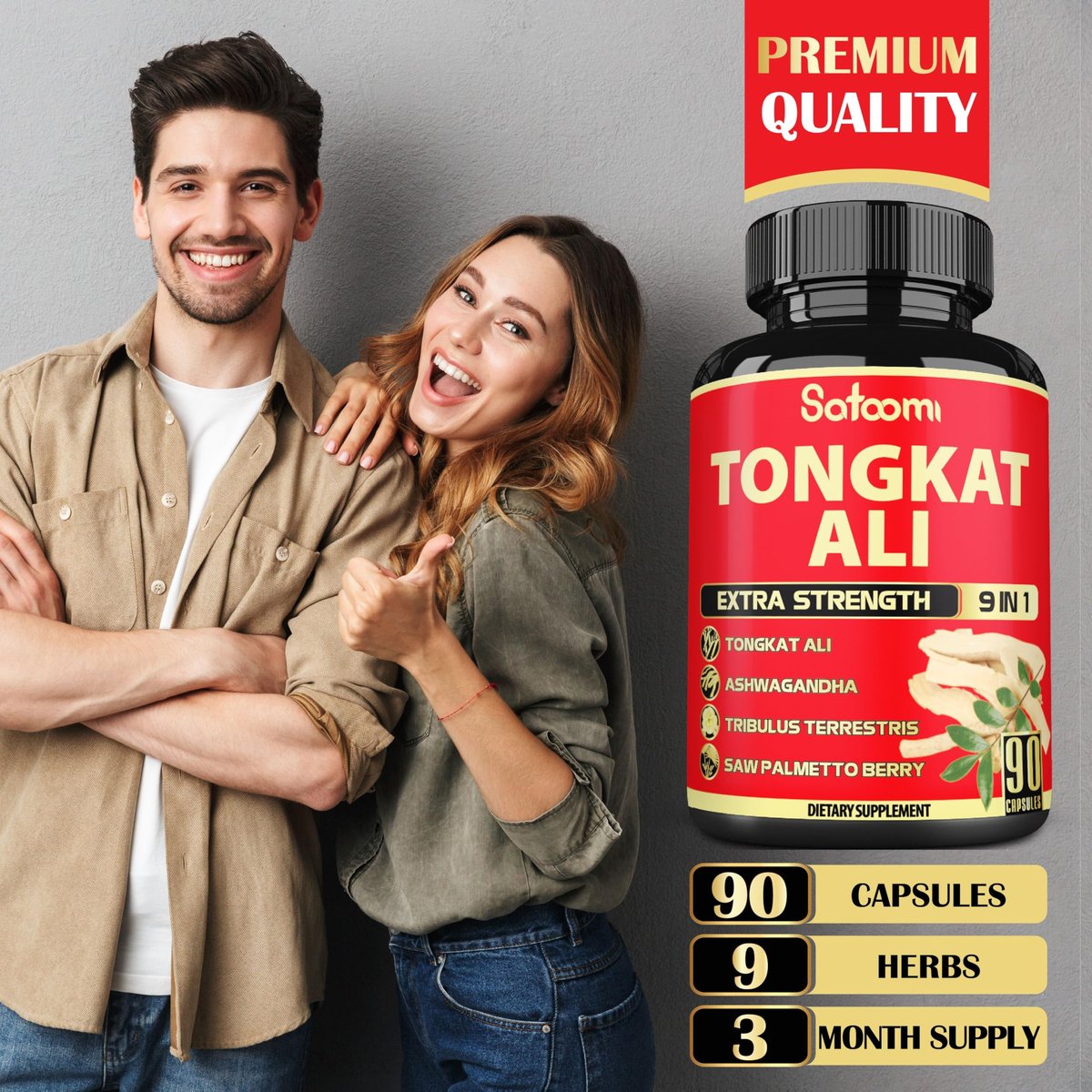 Satoomi 9in1 Tongkat Ali Wurzelextrakt – Ashwagandha, Tribulus Terrestris – 90 Kapseln für 3 Monate – Unterstützt Kraft, Energie und gesundes Immunsystem