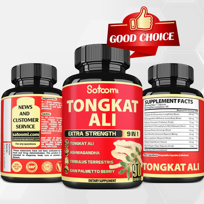 Satoomi 9in1 Tongkat Ali Wurzelextrakt – Ashwagandha, Tribulus Terrestris – 90 Kapseln für 3 Monate – Unterstützt Kraft, Energie und gesundes Immunsystem