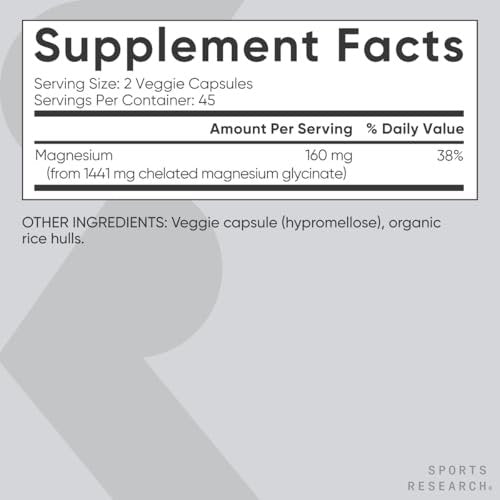 Sports Research® Magnesium Glycinat – 160 mg cheliertes Magnesium für erholsamen Schlaf & enzymatische Prozesse – vegane Kapseln – 90 Stück