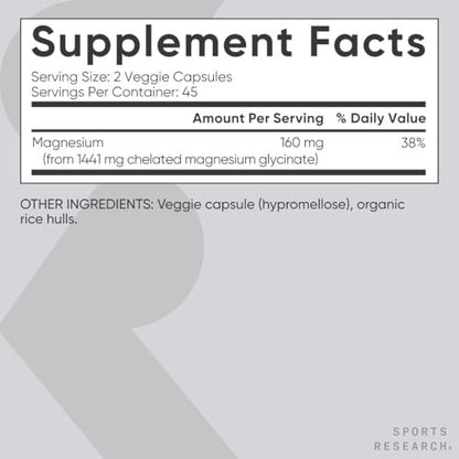Sports Research® Magnesium Glycinat – 160 mg cheliertes Magnesium für erholsamen Schlaf & enzymatische Prozesse – vegane Kapseln – 90 Stück