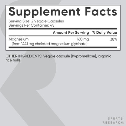 Sports Research® Magnesium Glycinat – 160 mg cheliertes Magnesium für erholsamen Schlaf & enzymatische Prozesse – vegane Kapseln – 90 Stück