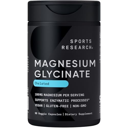 Sports Research® Magnesium Glycinat – 160 mg cheliertes Magnesium für erholsamen Schlaf & enzymatische Prozesse – vegane Kapseln – 90 Stück