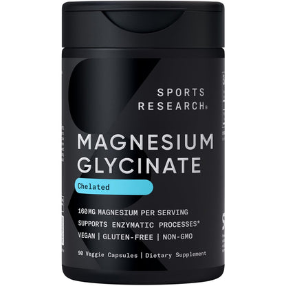 Sports Research® Magnesium Glycinat – 160 mg cheliertes Magnesium für erholsamen Schlaf & enzymatische Prozesse – vegane Kapseln – 90 Stück
