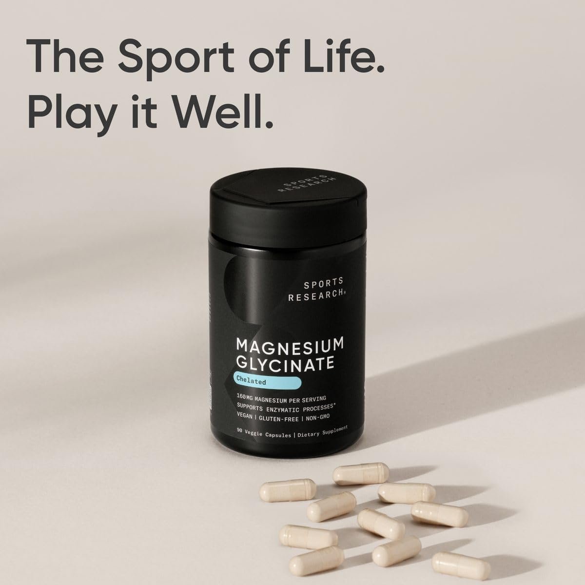 Sports Research® Magnesium Glycinat – 160 mg cheliertes Magnesium für erholsamen Schlaf & enzymatische Prozesse – vegane Kapseln – 90 Stück
