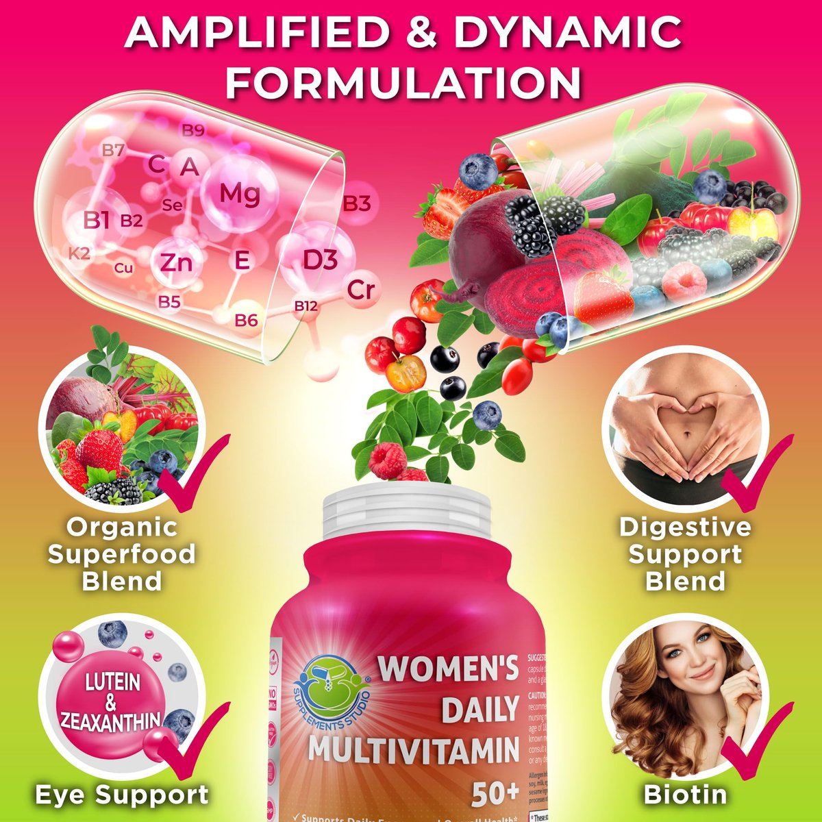Tägliches Multivitamin für Frauen 50 Plus – Veganes, methyliertes Multivitamin mit Biotin, Bio-Superfoods & Lutein – Unterstützung für Augen, Energie, Darm & allgemeine Gesundheit – Leicht zu schluckende Kapseln