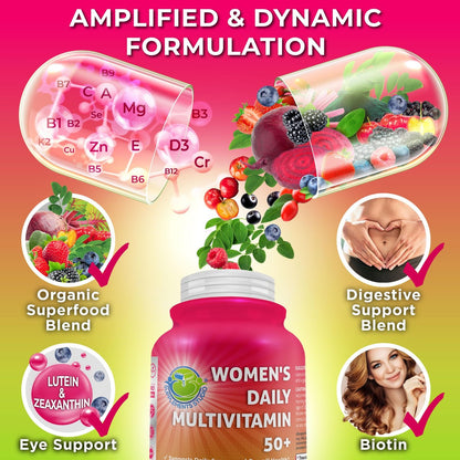 Tägliches Multivitamin für Frauen 50 Plus – Veganes, methyliertes Multivitamin mit Biotin, Bio-Superfoods & Lutein – Unterstützung für Augen, Energie, Darm & allgemeine Gesundheit – Leicht zu schluckende Kapseln