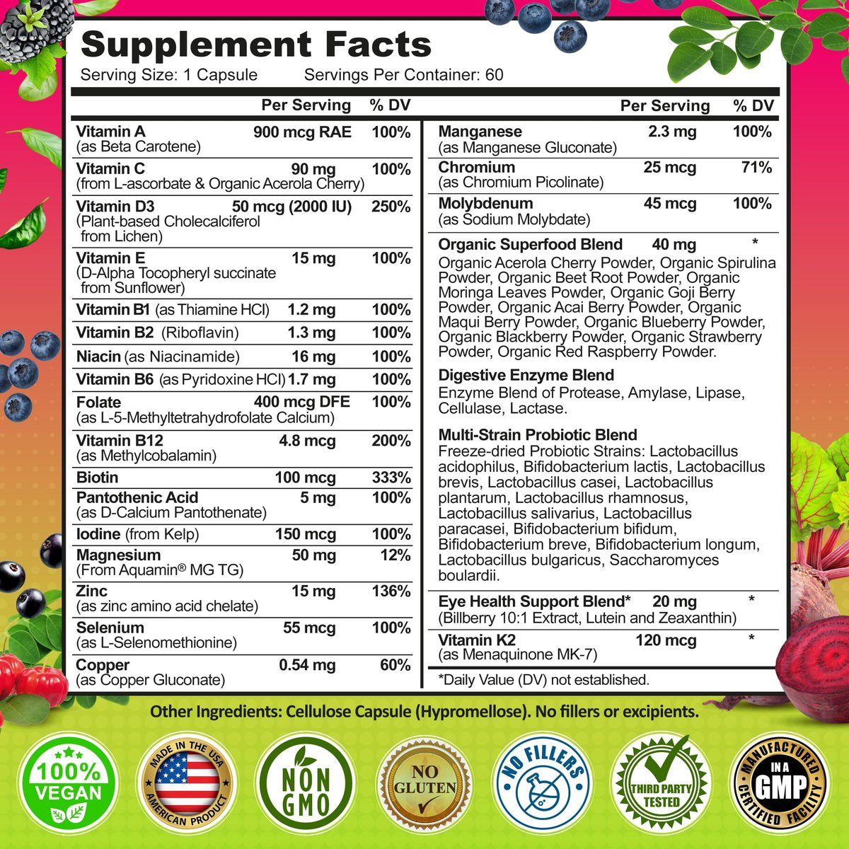 Tägliches Multivitamin für Frauen 50 Plus – Veganes, methyliertes Multivitamin mit Biotin, Bio-Superfoods & Lutein – Unterstützung für Augen, Energie, Darm & allgemeine Gesundheit – Leicht zu schluckende Kapseln