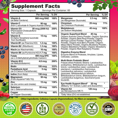 Tägliches Multivitamin für Frauen 50 Plus – Veganes, methyliertes Multivitamin mit Biotin, Bio-Superfoods & Lutein – Unterstützung für Augen, Energie, Darm & allgemeine Gesundheit – Leicht zu schluckende Kapseln