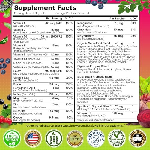 Tägliches Multivitamin für Frauen 50 Plus – Veganes, methyliertes Multivitamin mit Biotin, Bio-Superfoods & Lutein – Unterstützung für Augen, Energie, Darm & allgemeine Gesundheit – Leicht zu schluckende Kapseln