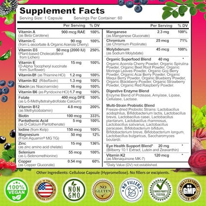 Tägliches Multivitamin für Frauen 50 Plus – Veganes, methyliertes Multivitamin mit Biotin, Bio-Superfoods & Lutein – Unterstützung für Augen, Energie, Darm & allgemeine Gesundheit – Leicht zu schluckende Kapseln